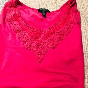 Ralph Lauren Hot Pink Short Sleeve Tee with Lace Trim